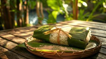 Thai banana in sticky rice, Khao Tom Mad, wrapped in banana leaves. Traditional Asian dessert on a plate. Concept of Thai desserts, natural packaging, sweet treats, cultural cuisine, food photo