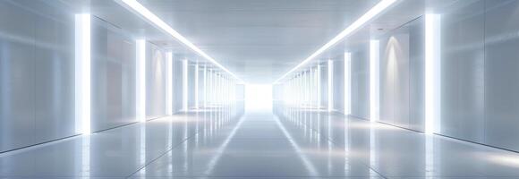Futuristic hallway with glowing white neon lights stretching into the distance. Concept of modern architecture, technology, endless space, minimalism. Light at the end of the tunnel photo
