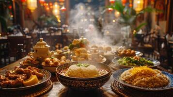 Elaborate Thai banquet table set in a traditional restaurant. Assortment of Thai dishes with steam rising, under warm lighting. Concept of Asian dining experience, cultural feast, authentic cuisine photo