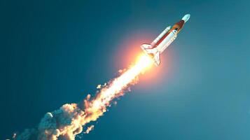White and red rocket launching into the sky. Concept of space travel, exploration, aerospace engineering, adventure photo