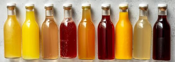 Colorful assortment of various juices in glass bottles lined up in a row. Beverage selection, healthy drinks, refreshment, vibrant concept. Banner photo