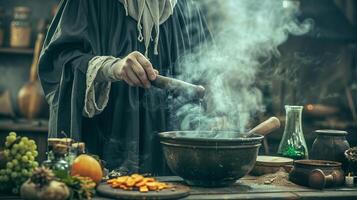 Medieval potion-making scene with a witch grinding herbs and steam rising. Concepts of witchcraft, alchemy, ancient science, historical medicine, mystical brewing photo