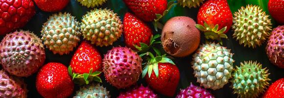 Vibrant assortment of exotic fruits including strawberries and lychees. Colorful fruit, nature's bounty, fresh produce, healthy eating concept. Banner photo