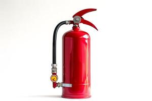 Red fire extinguisher with attached hose on a white background. Safety tool for fire emergencies. Concept of safety, emergency preparedness, fire prevention, protective equipment photo