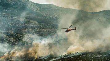 Helicopter flying over smoky forest with fires below. Aircraft hovers above burning forest area. Concept of wildfire, aerial firefighting, disaster response, environmental crisis photo