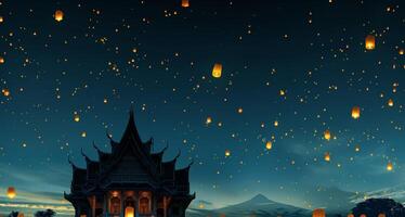 Silhouette of a Thai temple against a twilight sky, sky lanterns rising. Celebratory lanterns in evening sky. Concept of religious observance, Asian traditions. Visakha Bucha Day festivities photo