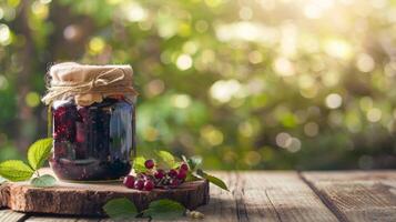 Jar of Redcurrant jam with fresh berries on a wooden table in sunlight. Homemade preserves in a natural setting. Concepts of organic food, homemade, and nature. Copy space photo