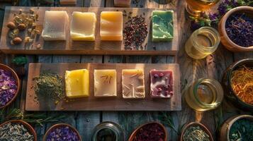 Artisanal soap bars displayed among natural ingredients on a rustic wooden table, lit by warm sunlight. Herbal soap variety. Concept of organic skincare, handcrafted products, and aromatic herbs. photo
