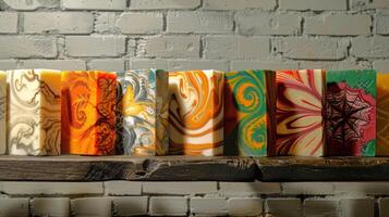 Several soap loaves with intricate designs, displayed on a dark wooden shelf against a clean, white brick wall. Concept of craft hygiene, decorative cleanliness, and creative personal care. photo