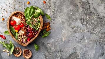 Heart-shaped wooden bowl filled with various healthy foods on a textured background. Raw vegetables, nuts, superfoods, greens concept. Banner. Copy space Foods that are good for a healthy heart photo