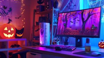 Halloween-themed gaming setup with purple and orange lights. Concept of holiday decor, technology, gaming environment, spooky atmosphere photo