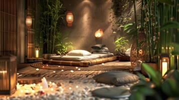 Tranquil spa setting with bamboo mats, soft lighting, and lush greenery. A serene sanctuary ideal for relaxation and meditation. photo