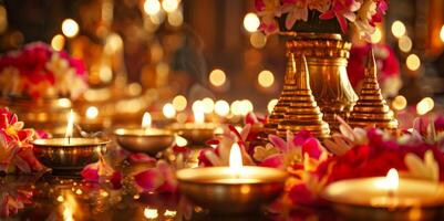 Traditional Thai temple altar with offerings. Incense, flowers, and candles arranged for merit-making. Concept of Visakha Bucha Day, religious practices, Buddhist rituals, and cultural devotion. photo