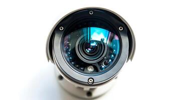Close-up of a security camera lens with reflection. Surveillance technology concept. Themes of security, monitoring, safety, and observation. Isolated on white background photo