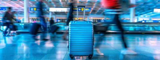 Blue suitcase standing in a busy airport terminal. Luggage, travel, airport, transportation concept. Wide banner photo