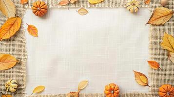 Autumn-themed frame with pumpkins and dry leaves. Fall decoration border around a blank canvas. Copy space. Mockup. Concept of autumn harvest, Thanksgiving backdrop, Halloween, festive decor. Banner. photo