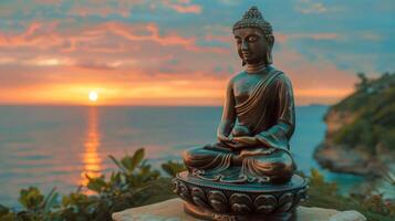 Buddha statue in lotus position in a natural setting. Buddhist sculpture in serene landscape. Concept of Buddhism, Zen, meditation, religion, peace, spiritual awakening. Sunset. Copy space photo