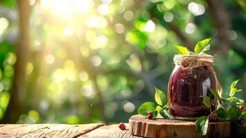 Jar of raspberry jam in a rustic outdoor setting. Concept of homemade preserves, organic food, fruit spread. Copy space photo