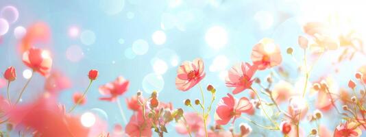 Bright summer floral background with vibrant flowers and bokeh effects. Blooming flowers with dreamy backdrop. Trendy botanical wallpaper. Festive mood. Wide banner. Space for text. Mockup for design photo