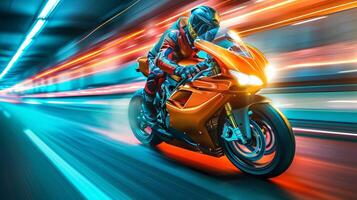 Brightly colored neon motorcycle with a rider in motion. Concept of speed, adrenaline, futuristic design, and racing photo