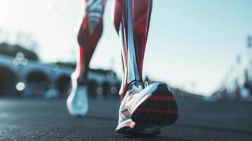 Close-up of a runner's legs with muscle anatomy visible. Detailed view of running legs with exposed muscles. Concept of fitness, anatomy, sport, movement photo