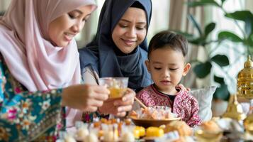 Asian Muslim family enjoying a meal together. Mother, daughter, and child at the dining table. Cultural diversity, family bonding, traditional food, community concept photo