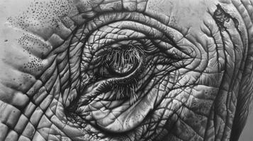 Detailed close-up of an elephant's eye in monochrome. Exquisite black and white illustration of an elephant's eye. Concept of animal intimacy, wildlife art, photo