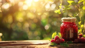 Jar of raspberry jam with fresh raspberries in a rustic outdoor setting. Concept of homemade preserves, organic food, fruit spread. Copy space photo