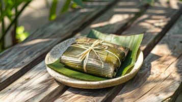 Thai banana in sticky rice, Khao Tom Mad, wrapped in banana leaves. Traditional Asian dessert on a plate. Concept of Thai desserts, natural packaging, sweet treats, cultural cuisine, photo