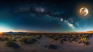 Starry desert night landscape with Milky Way and full moon. Nighttime desert scene with stars and moon. Concept of astronomy, nature, night sky, tranquility photo