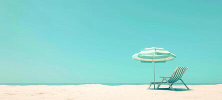 Beachside setup with umbrella and chair. Lone umbrella and chaise lounge on sandy coast. Concept of solitude, tranquil beach day, leisure, and sunbathing. Banner. Space for text photo