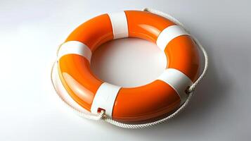 Orange and white lifebuoy isolated on a white background. Concept of safety, emergency rescue equipment, maritime safety, and precaution photo