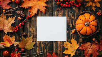 Autumn-inspired flat lay with blank card. Fallen leaves and berries frame the space. Concept of autumn, seasonal greetings, fall designs, and blank canvas. Mockup for design. Space for text photo