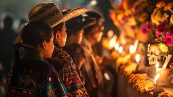 Mexican family celebrating Day of the Dead with altar and candles. Family honoring ancestors with an ofrenda. Concept of tradition, family, cultural heritage, and remembrance photo