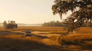 White SUV on a road in savannah landscape. Light-colored vehicle driving fast in natural setting. Concepts of travel, adventure, off-road, and nature photo