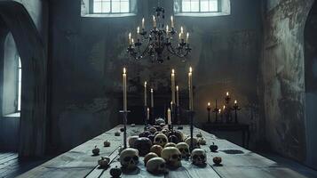 Gothic candlelit room with skulls and chandelier on a wooden table. Concept of dark atmosphere, mystical setting, haunted house, Halloween decor photo