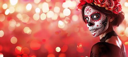 Mexican woman with Day of the Dead skull makeup. Lady with Dia de los Muertos face paint. Concept of Mexican culture, holiday celebration, traditional festival, Halloween. Space for text photo