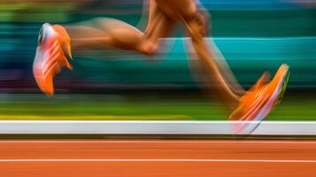 Close-up of an athlete's legs running with blurred motion. Runner's feet in orange shoes on the track. Concept of speed, athletic performance, motion, and competition photo