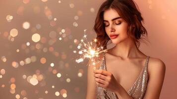 Caucasian woman holding a sparkler with bokeh lights. Concept of celebration, festive mood, joyful moments, and elegant party night. Banner. Copy space. Christmas, New Year photo