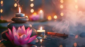 Lotus flower and warm candles with massage stones in a peaceful spa setting. Tranquil spa ambiance with lit candles and stones. Concept of wellness, and peaceful relaxation. Banner. Copy space photo