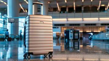 Suitcase in modern airport terminal. Travel luggage, journey preparation, vacation, transportation concept photo