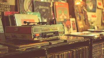 Vintage Record Player in Retro Music Store with Vinyl Collections. Concept of retro cassette tape player, music memorabilia, historical soundtracks, and cultural nostalgia photo