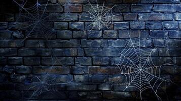 Spider webs on dark brick wall at night. Concept of spooky, Halloween, eerie atmosphere, intricate web patterns Banner. Copy space photo