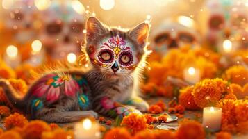 Kitten with Day of the Dead face paint among marigold flowers. Small cat with Dia de los Muertos makeup in floral setting. Concept of cultural celebration, festive cats, colorful traditions photo
