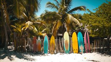 Surfboards used as fence boards on a tropical beach by palm trees. Concept of creative design, beach lifestyle, tropical vacation, and surfing culture photo