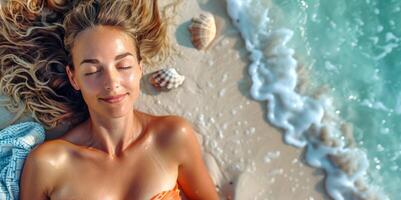 Relaxing Caucasian woman in shallow ocean waters, detailed portrait with a seashell. Summer scene, ocean relaxation. Concept of tranquility, ocean life, and summer vibes. Space for text photo