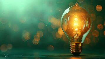 Glowing light bulb against a green bokeh background. Concept of innovation, inspiration, electricity, ideas. Copy space photo