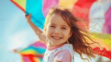Smiling Caucasian girl holding colorful kite with flowing hair. Happy child playing with vibrant kite. Concept of joy, childhood, outdoor fun, and carefree moments photo