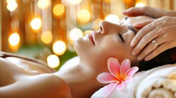 Woman undergoing a face massage in an exotic Thai spa setting. Lady indulging in a facial therapy session. Concept of self-care, spa experiences, and rejuvenation. photo