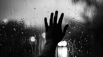 Black and white image of a hand touching a rain-covered window. Concept of melancholy, solitude, longing, emotional photo